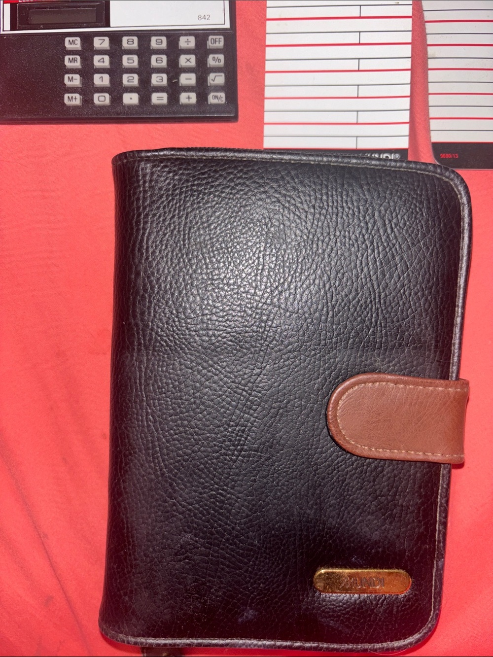 MUNDI Black Leather Organizer Wallet with Brown Snap Strap